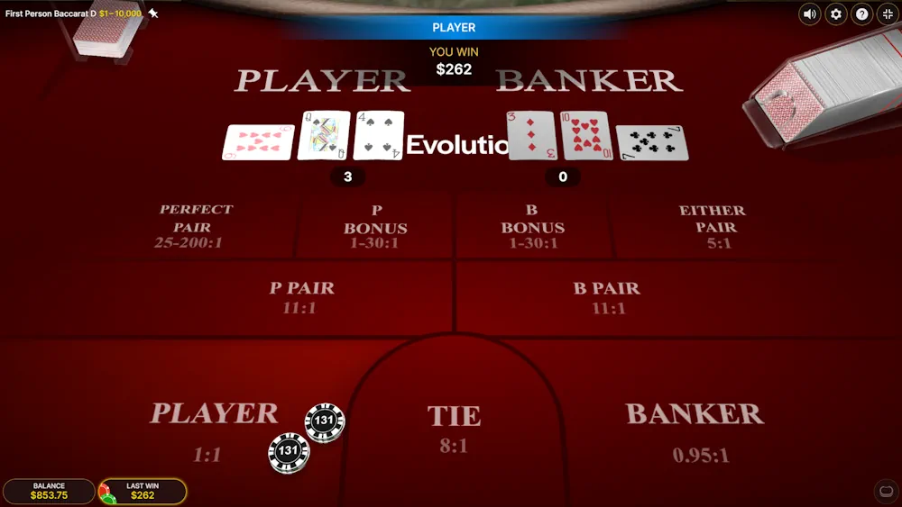 Baccarat First person Baccarat Gameplay EvolutionGames Screenshot